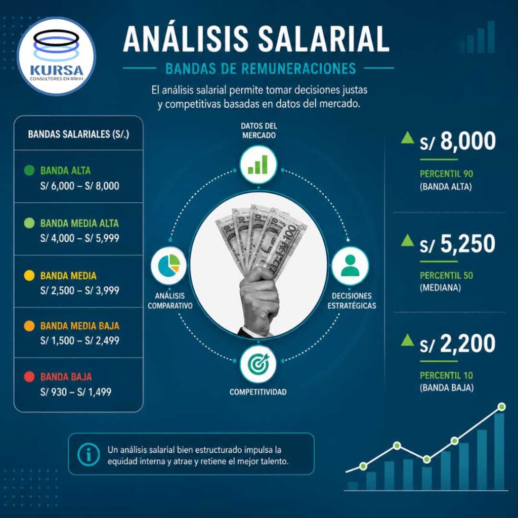 Análisis salarial con bandas de remuneraciones para evaluar equidad interna, competitividad externa y estructura salarial de la empresa