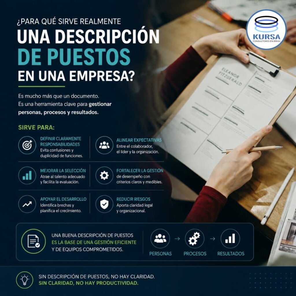Infografía sobre descripción de puestos y su importancia para definir funciones, responsabilidades y objetivos dentro de una organización